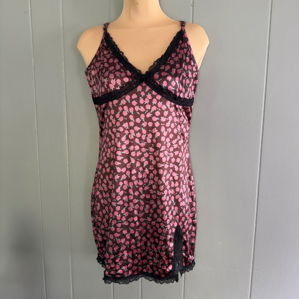 Garage Satin Babydoll‎ Slip Dress Rose Print Mini Black Pink Lace M Y2K Style